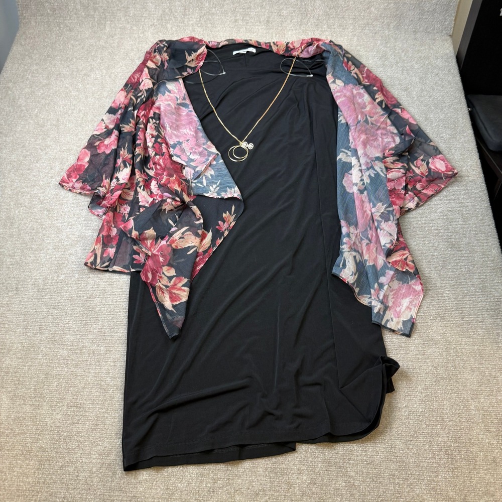 MSRP $84 Studio One Women's XL Black Floral Jacket Dress with Necklace